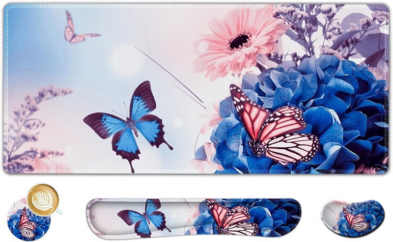 AIMSA Large Gaming Mouse Pad Set, Keyboard Wrist Rest Support Mouse Pad, Ergonomic Memory Foam Multifunctional Extended Desk Mat 35x15.7in Anti-Slip Rubber Base for Office Home, Butterfly Flower - Image 1
